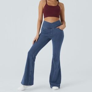 Halara Flex High Waisted Crossover Pocket Stretchy Knit Casual Super Flare Jeans